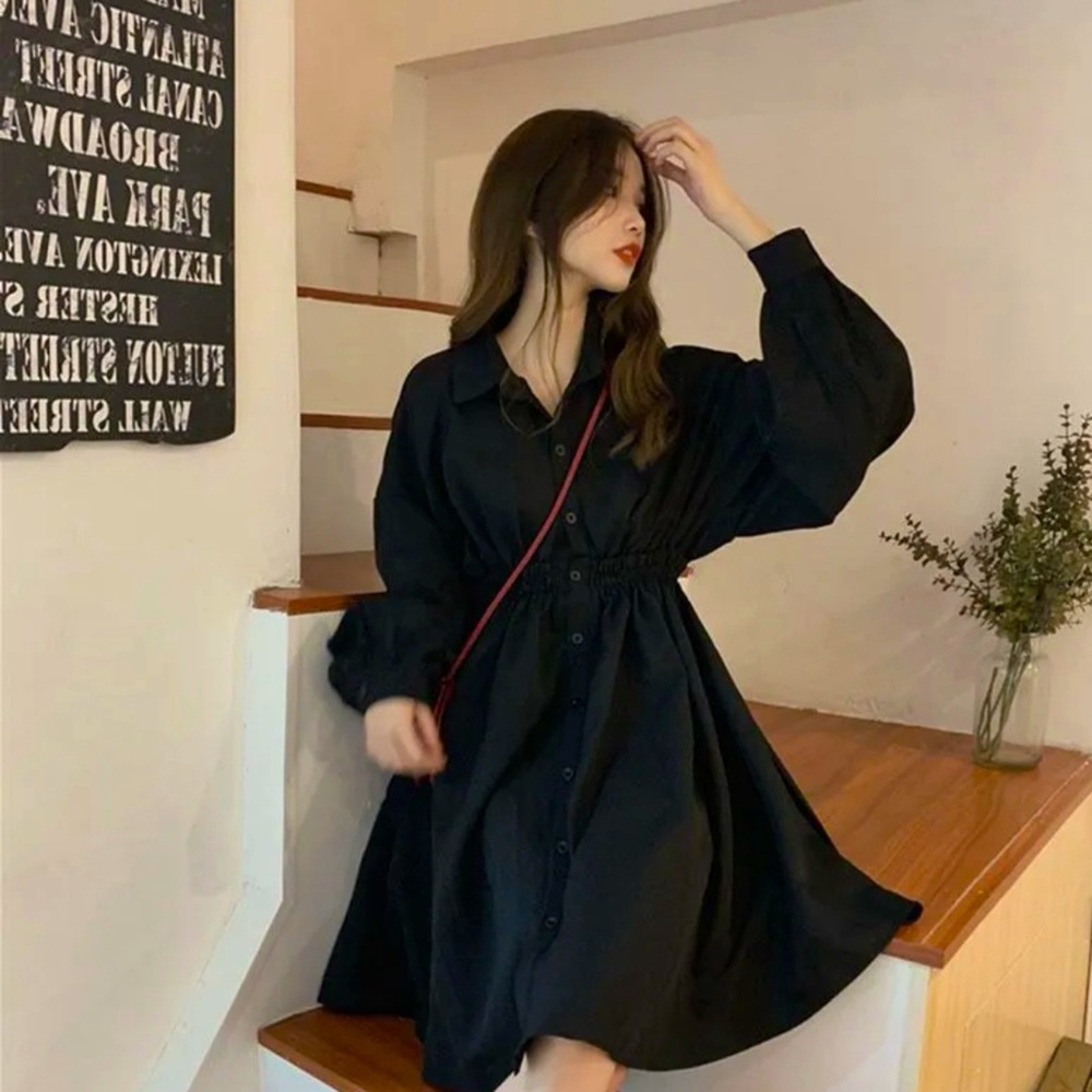 NWT Balloon Sleeve A-Line Shirtdress Smocked Waist in Black